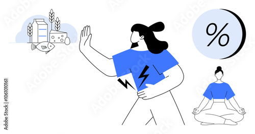 Person avoiding fish, dairy, and wheat while holding stomach in discomfort. Meditation pose for balance and health improvement. Ideal for health, diet, fitness, meditation, wellness, nutrition