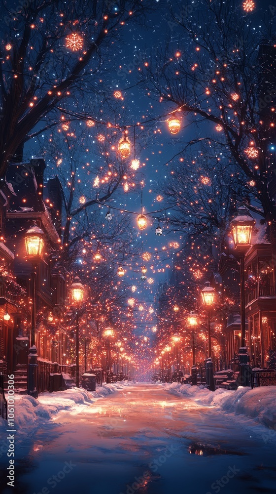 Magical Winter Street Scene with Lanterns and Snow Magical Winter Street Scene with Lanterns and Snow