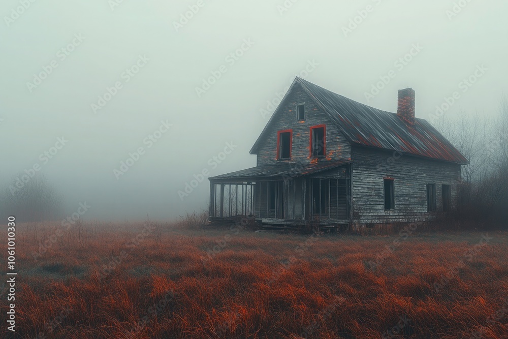 An abandoned farmhouse surrounded by fog, with muted colors and deep shadows, evoking a sense of solitude and mystery in the overcast light.