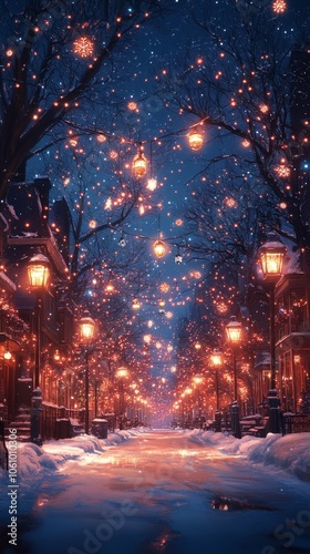 Magical Winter Street Scene with Lanterns and Snow