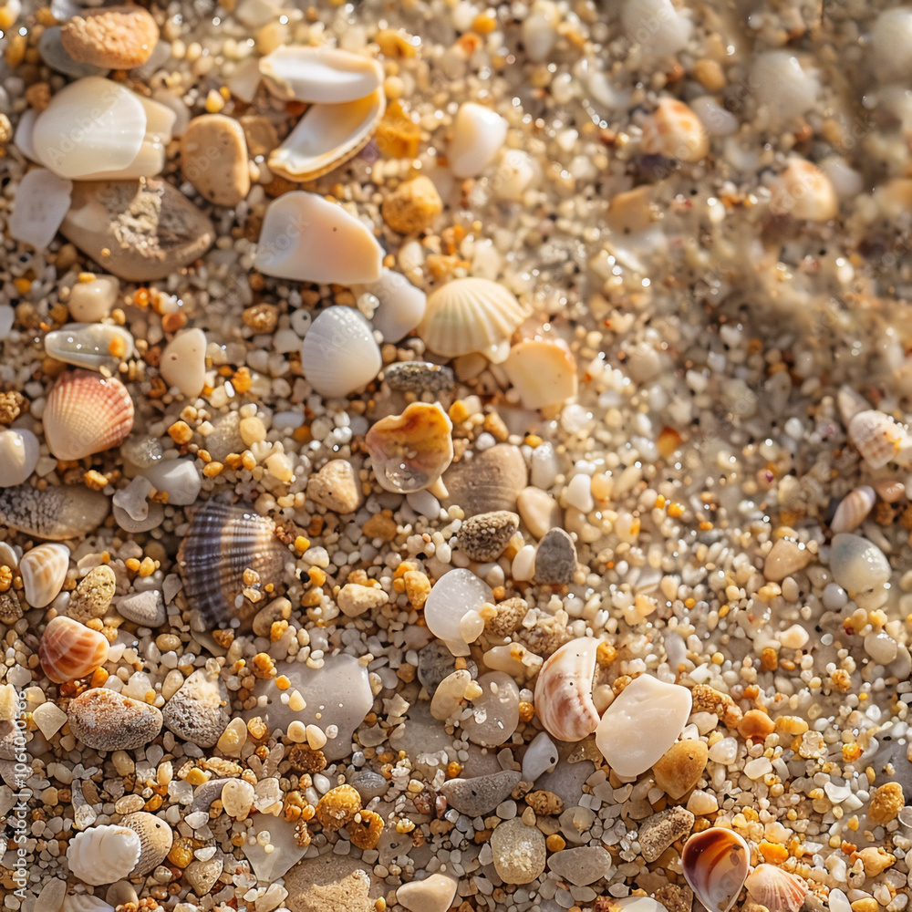 A close-up of seashells and pebbles on a beach in the afternoon sun A close-up of seashells and pebbles on a beach in the afternoon sun