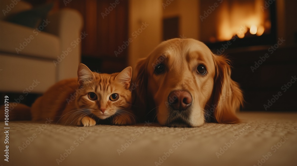 A dog and a cat are comfortably laying side by side on the floor A dog and a cat are comfortably laying side by side on the floor