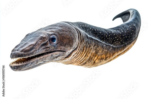 A close-up of a pelican eel, a deep-sea fish with a unique appearance, isolated on a white background. This photo showcases the eel's long, slender body, large mouth, and prominent teeth.