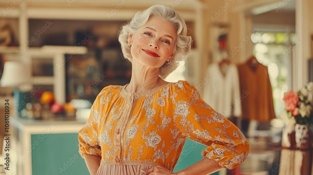 Elegant Mature Woman Posing Confidently in Stylish Fashionable Outfit Elegant Mature Woman Posing Confidently in Stylish Fashionable Outfit