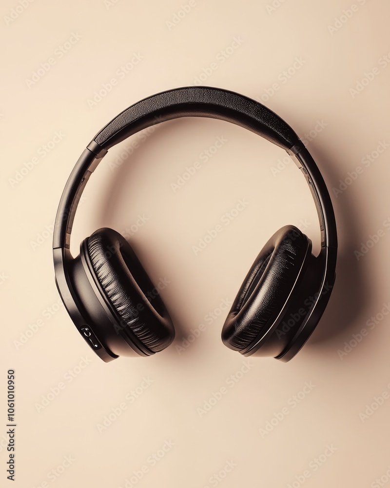 Stylish Black Wireless Headphones on Beige Background Stylish Black Wireless Headphones on Beige Background
