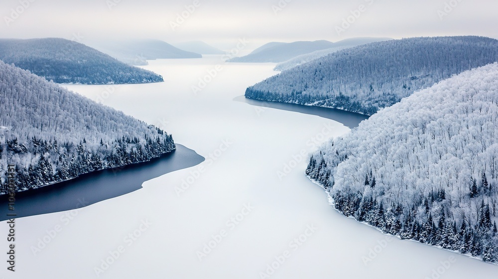 Obraz premium An aerial view of a lake, surrounded by snow-capped mountains and trees in the foreground, shows a serene body of water in the background
