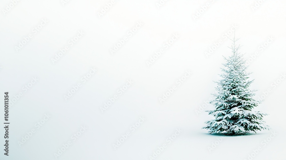   A solitary tree, blanketed by snow amidst a sea of white in the midst of a hazy morning