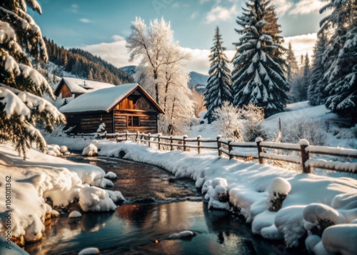 Magical winter snow fall and city lights. blurred background city.