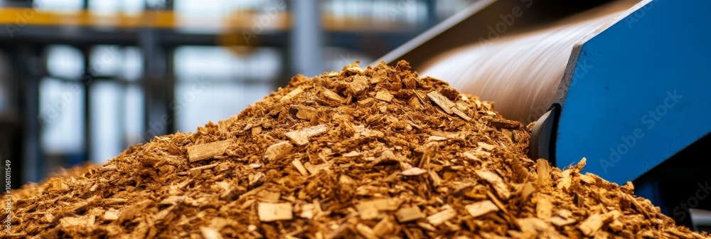 Wood Recycling Plant: Sustainable Chip Production. A large pile of wood ...