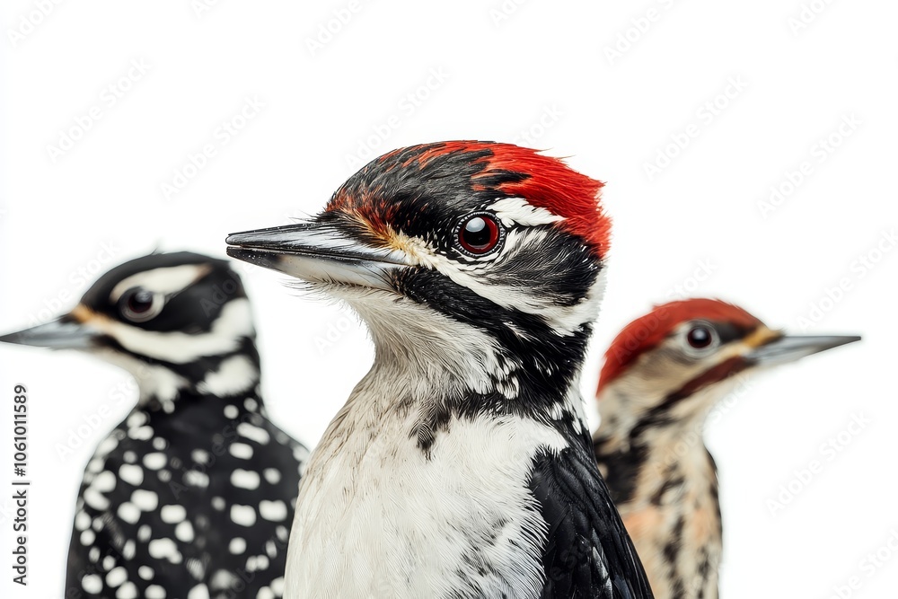 Fototapeta premium Three woodpecker species, each with unique plumage, pose against a white background, highlighting their distinctive features and captivating beauty.