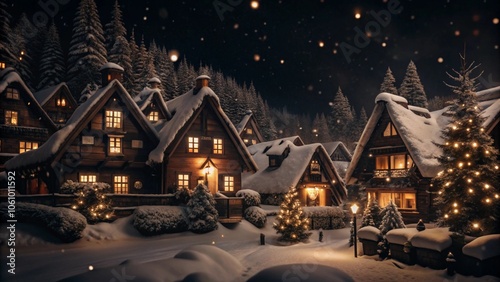 Magical winter snow fall and city lights. Christmas decorations on the street.