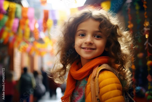 Portrait of a cute smiling little girl with curly hair in a shopping center