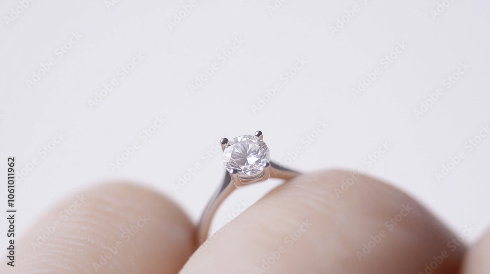 Close-up of diamond engagement ring held between fingers, elegant and minimal jewelry, concept of luxury, proposal, marriage, love, and commitment Close-up of diamond engagement ring held between fingers, elegant and minimal jewelry, concept of luxury, proposal, marriage, love, and commitment