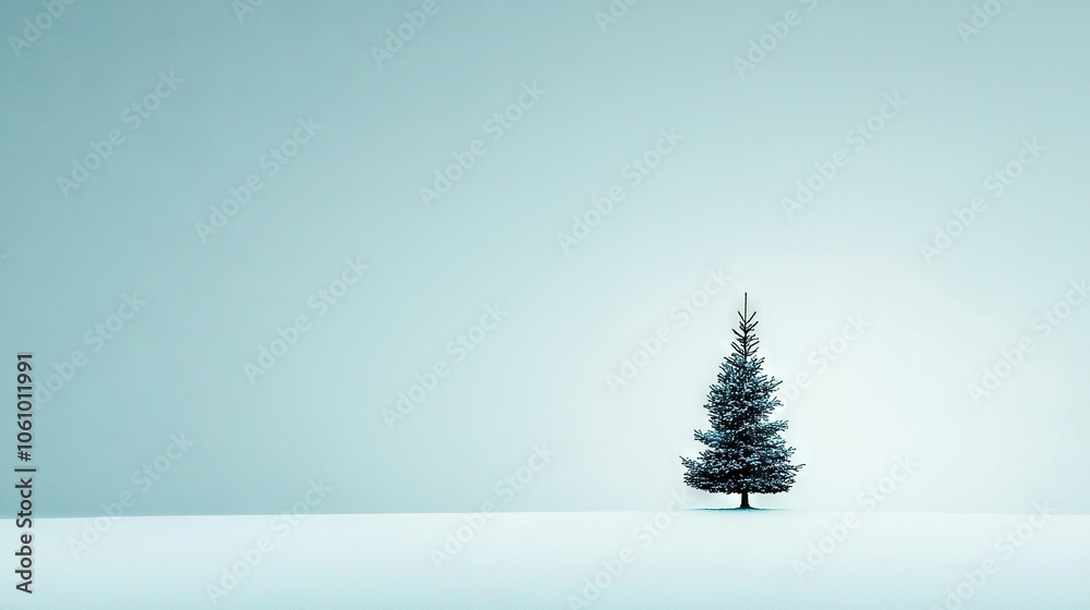Fototapeta premium A lone pine tree stands in a snow-covered field, framed by a light blue sky