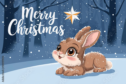 Illustration of cute baby bunny looking at Christmas star in the sky. Merry Christmas greeting card with winter forest snowfall background