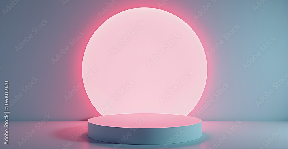 A pastel circular podium with vibrant pink and blue gradient tones,illuminated by soft,diffused light. Clean, modern aesthetic, vibrant colors, and minimalistic design, scene for products.
