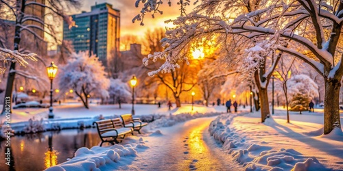 Winter in the city park, magical landscape. Benches, trees under the snow.