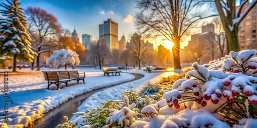 Winter in the city park, magical landscape. Benches, trees under the snow.