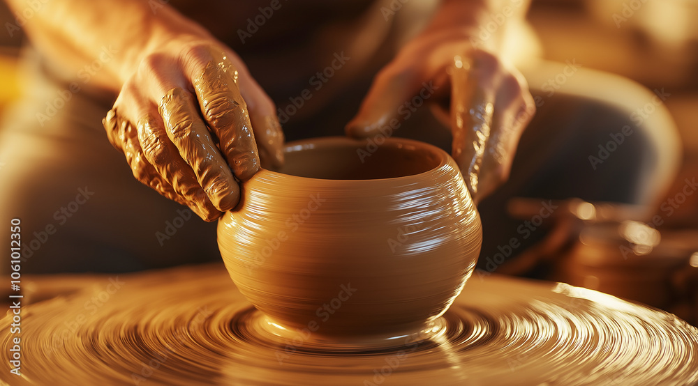 Hands shaping clay on pottery wheel, crafting ceramic art, concept of artisan creativity, traditional pottery making, handmade creation, and craftsmanship Hands shaping clay on pottery wheel, crafting ceramic art, concept of artisan creativity, traditional pottery making, handmade creation, and craftsmanship