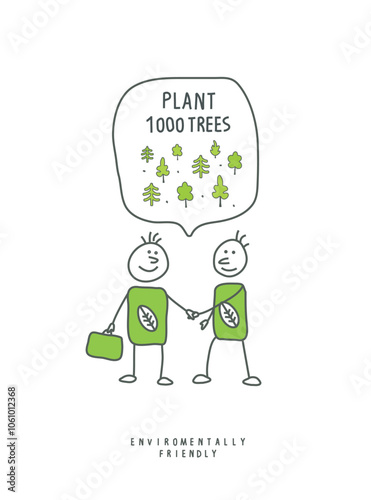 Vector hand drawn cartoon sketch of two men in a conversation about planting trees. Environmentally friendly planet concept.Think Green. 