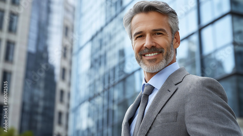 Confident mature businessman in formal suit smiling outdoors, concept of leadership, success, career achievement, executive confidence, and professional business attire