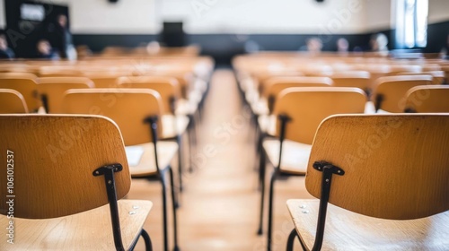 Empty Classroom with Rows of Wooden Chairs in Sunlit School Hall