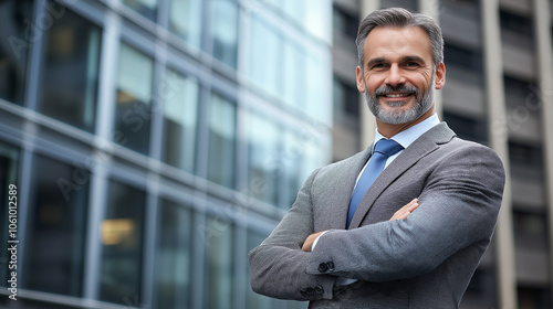 Confident mature businessman in formal suit smiling outdoors, concept of leadership, success, career achievement, executive confidence, and professional business attire