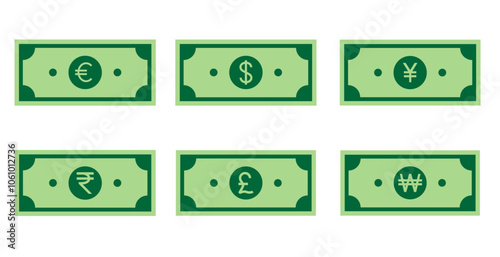 Currency symbols on green banknotes illustration, Money icon set, Set of money icon vector.