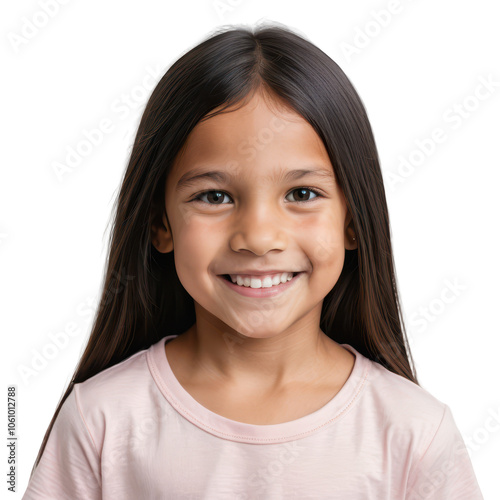 Close-up portrait of a smiling young girl with long straight hair, isolated on transparent background