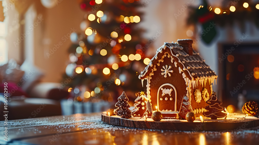 A homemade gingerbread house set against a room decorated for Christmas. A homemade gingerbread house set against a room decorated for Christmas.