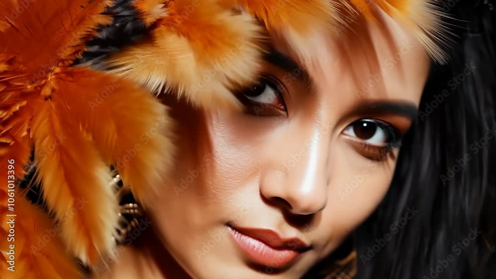 Close-up portrait of woman with vibrant feathers and soft shadows Close-up portrait of woman with vibrant feathers and soft shadows