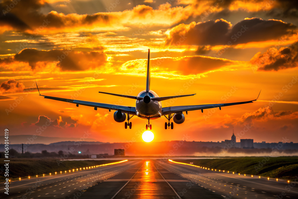 A commercial airplane, with a blue and white livery, is landing on a runway at sunset, surrounded by a vibrant orange and purple sky, casting reflections on the runway surface. A commercial airplane, with a blue and white livery, is landing on a runway at sunset, surrounded by a vibrant orange and purple sky, casting reflections on the runway surface.