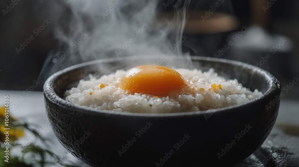 Steaming Rice Bowl with Egg Yolk Center. AI generated illustration Steaming Rice Bowl with Egg Yolk Center. AI generated illustration