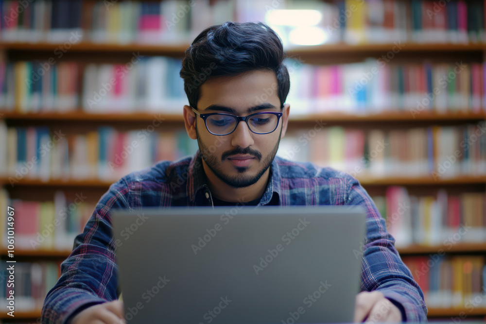 Indian Student Absorbed in Books in Academic Library Indian Student Absorbed in Books in Academic Library