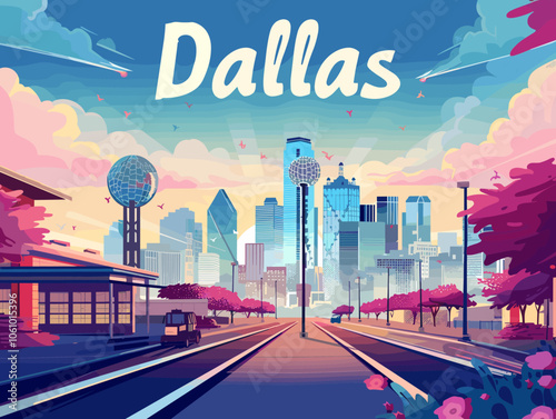Colorful cityscape of Dallas. The city is full of buildings and cars