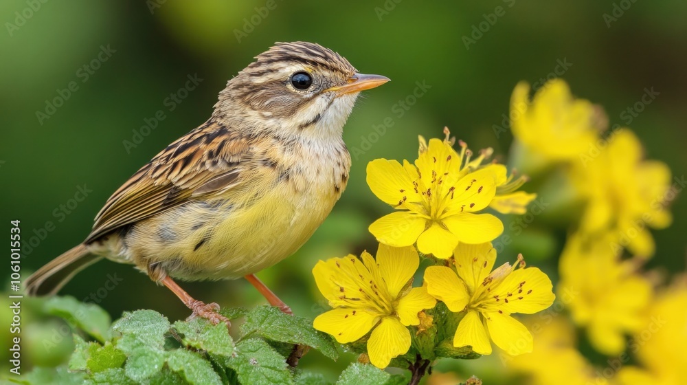 Fototapeta premium A small, brown and yellow bird perches on a stem with bright yellow flowers.