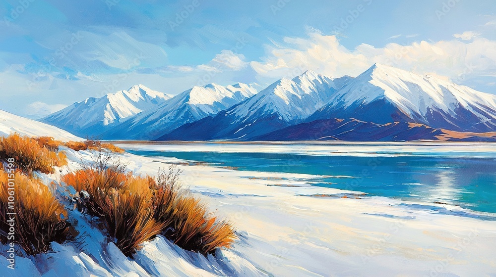 Obraz premium A snowy landscape painting with a distant mountain range and a foreground body of water