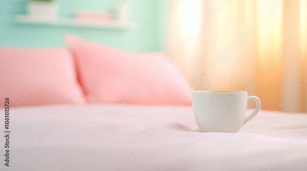 Cozy morning with white cup of coffee on soft bed, pink pillows, and sunlight, concept of relaxation, comfort, and peaceful start of the day Cozy morning with white cup of coffee on soft bed, pink pillows, and sunlight, concept of relaxation, comfort, and peaceful start of the day