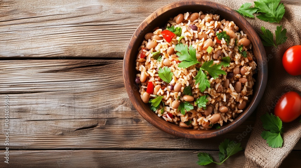 A delicious bowl filled with rice and beans is placed on a wooden table A delicious bowl filled with rice and beans is placed on a wooden table