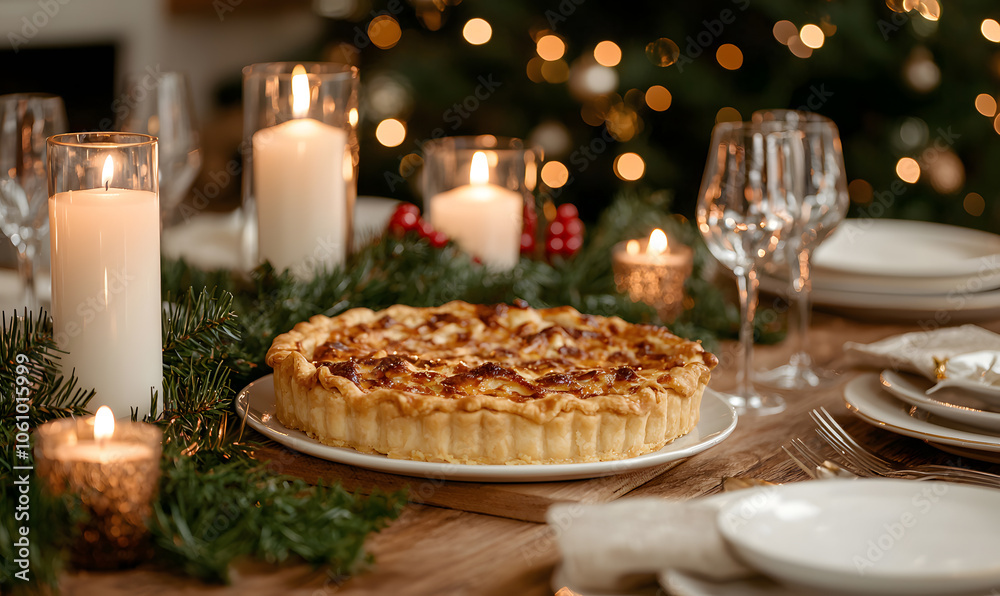 Fototapeta premium A beautifully arranged table featuring a golden pie as the centrepiece, surrounded by elegant dinnerware, evoking warmth and celebration in a cozy setting