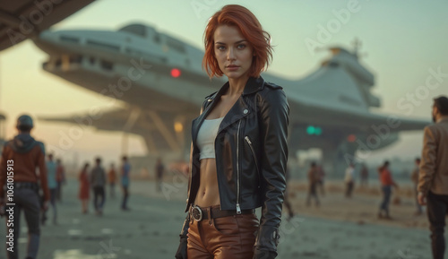 Redheaded girl, captain of a spaceship.