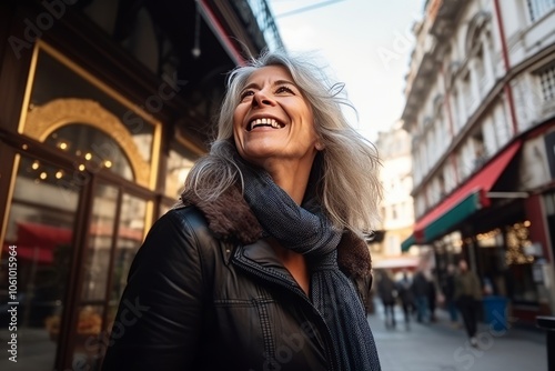 Outdoor portrait of a beautiful middle-aged woman in the city