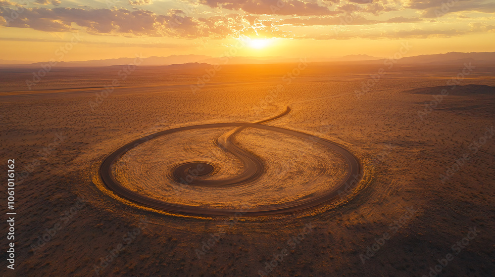 Naklejka premium An aerial view of a spiral road in the desert, with the sun setting in the background