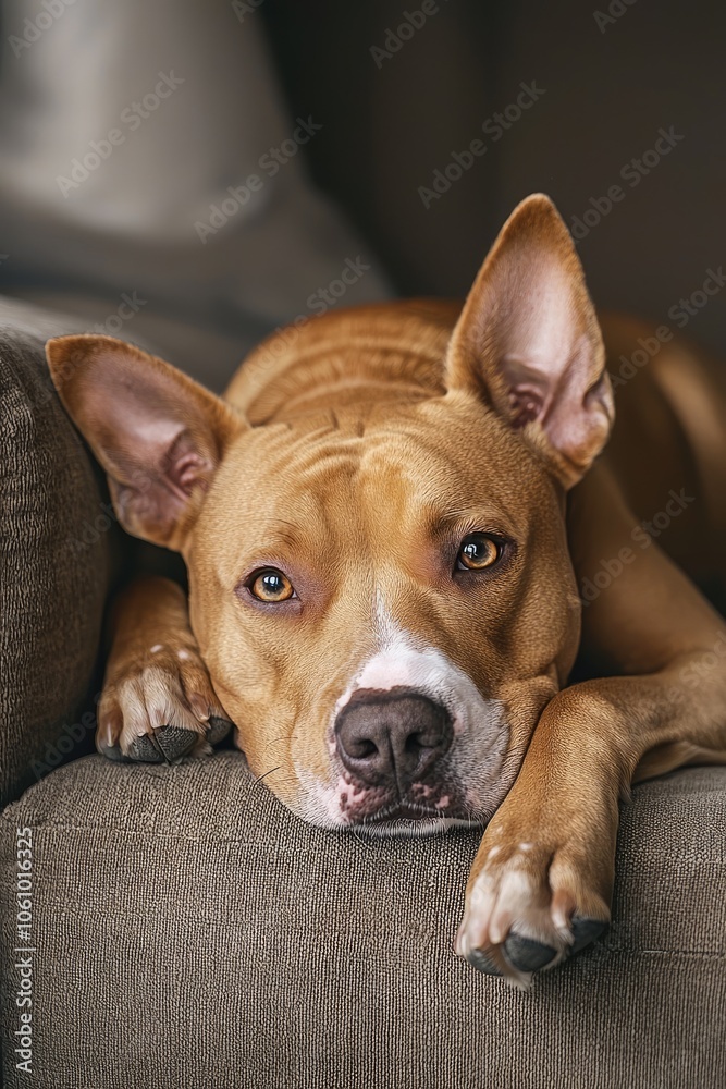 Brown Dog with Tender Eyes Resting on a Comfy Sofa in Cozy Home Brown Dog with Tender Eyes Resting on a Comfy Sofa in Cozy Home