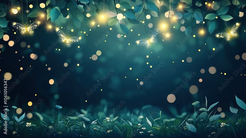 Butterflies in sky, glowing lights in grass and leaves in foreground Butterflies in sky, glowing lights in grass and leaves in foreground
