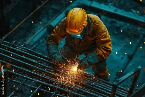 Construction worker welding metal rebar using protective gear and equipment on industrial site