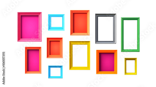 Set of modern decorative bright multi colour picture frames isolated on transparent background. Generative AI