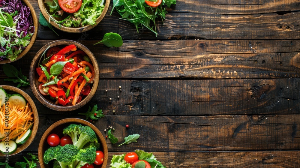 Fresh vegetable and salad bowls on kitchen wooden counter, top view with space for text Fresh vegetable and salad bowls on kitchen wooden counter, top view with space for text