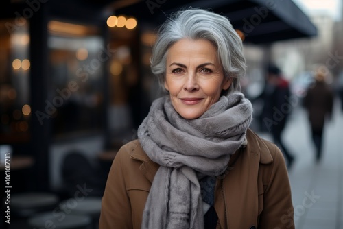 Portrait of beautiful senior woman with grey hair and scarf in the city