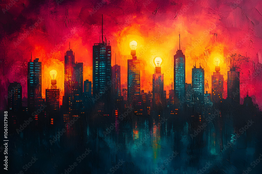 Obraz premium A vibrant city skyline at sunset, illuminated by bright lights against a dramatic, fiery sky filled with shades of red and orange.
